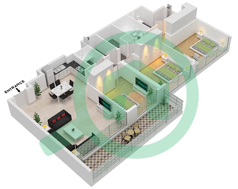 Резиденции на Берегу Моря - Апартамент 3 Cпальни планировка Тип/мера 6A/1 Floor 9,11,13,14,15 interactive3D