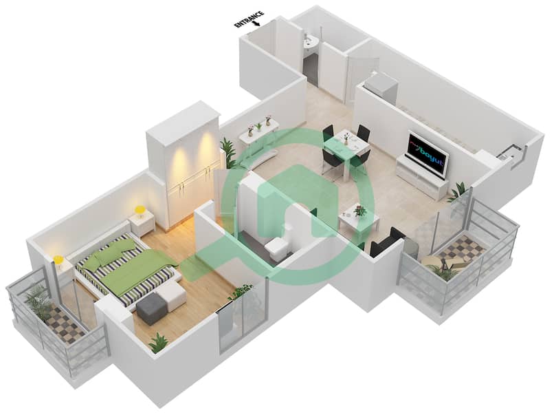 المخططات الطابقية لتصميم النموذج H شقة 1 غرفة نوم - توباز ريزيدنس interactive3D