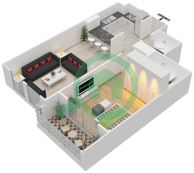 Topaz Residences 3 - 1 Bedroom Apartment Type H Floor plan interactive3D