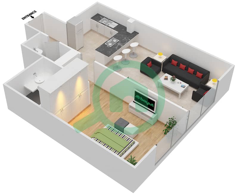 المخططات الطابقية لتصميم النموذج G شقة 1 غرفة نوم - توباز ريزيدنس interactive3D