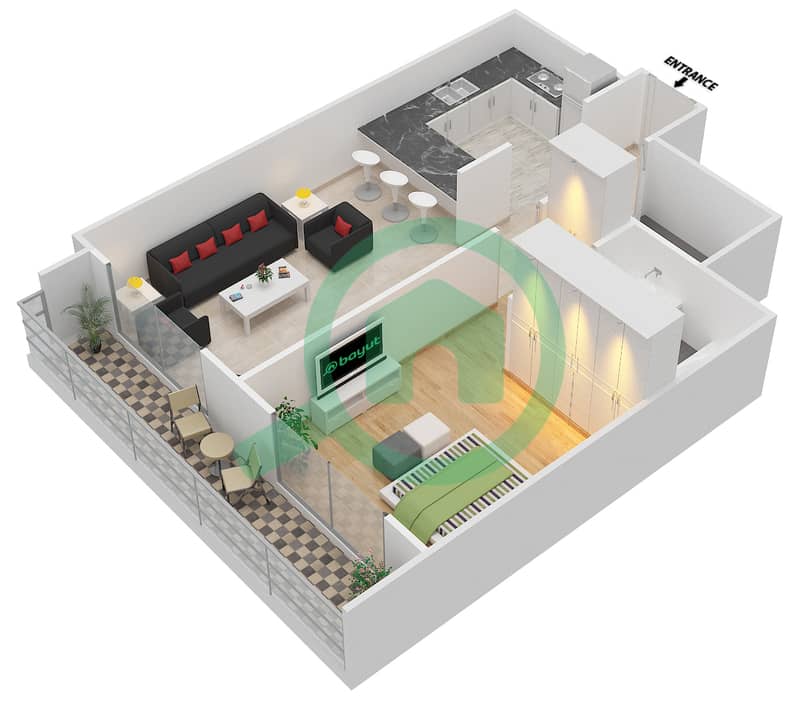 المخططات الطابقية لتصميم النموذج G شقة 1 غرفة نوم - توباز ريزيدنس 3 interactive3D