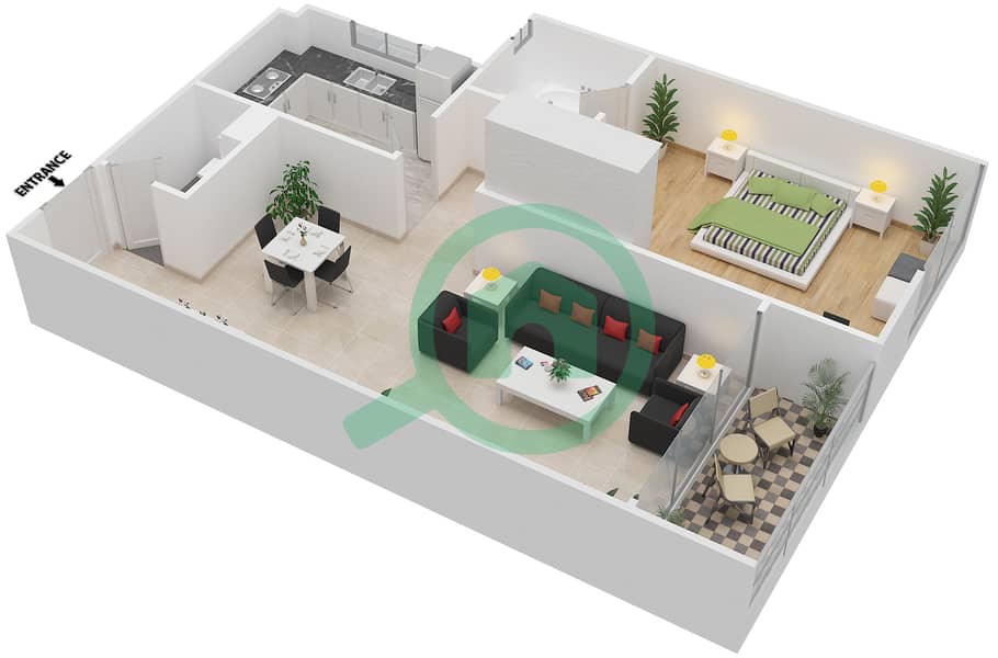 المخططات الطابقية لتصميم النموذج F شقة 1 غرفة نوم - توباز ريزيدنس interactive3D