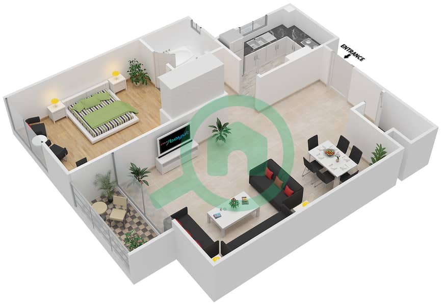 المخططات الطابقية لتصميم النموذج E شقة 1 غرفة نوم - توباز ريزيدنس interactive3D