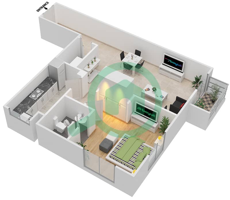 المخططات الطابقية لتصميم النموذج D شقة 1 غرفة نوم - توباز ريزيدنس interactive3D