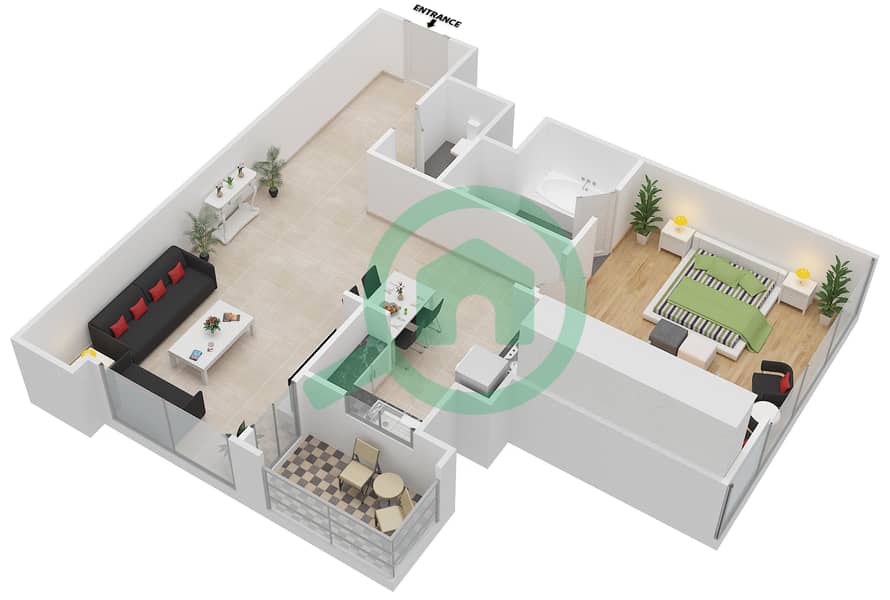 Topaz Residences 3 - 1 Bedroom Apartment Type D Floor plan interactive3D