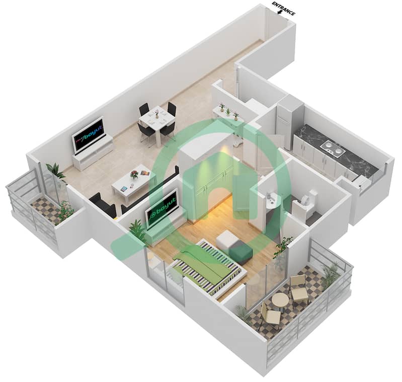 المخططات الطابقية لتصميم النموذج C شقة 1 غرفة نوم - توباز ريزيدنس interactive3D