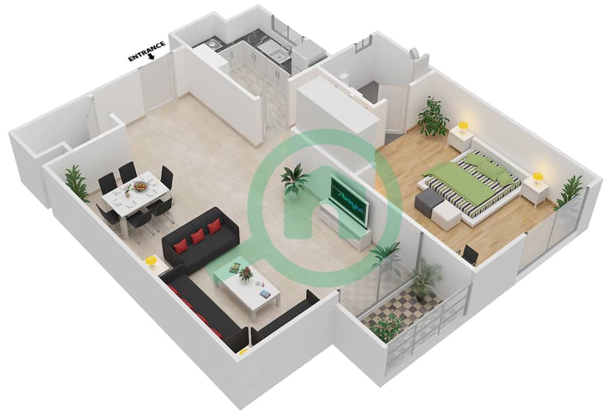 المخططات الطابقية لتصميم النموذج B شقة 1 غرفة نوم - توباز ريزيدنس interactive3D