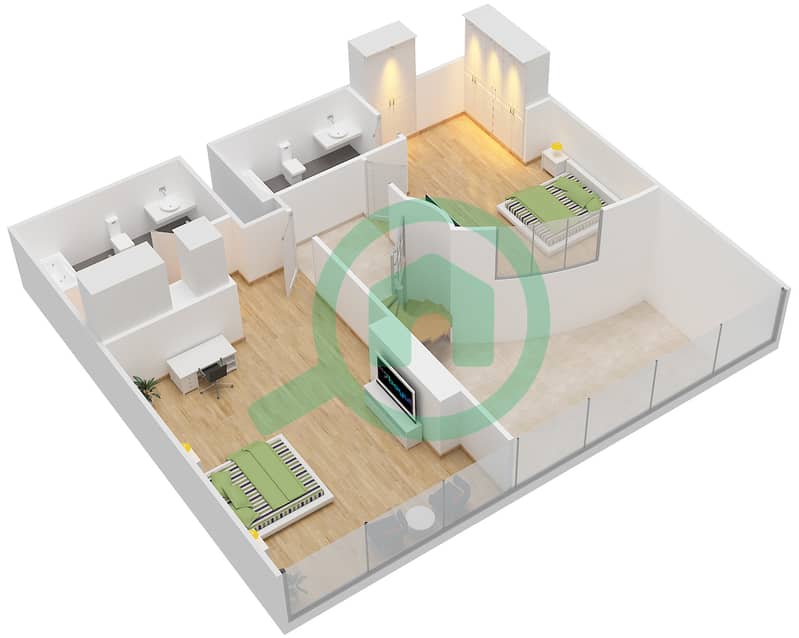 المخططات الطابقية لتصميم النموذج 02B شقة 2 غرفة نوم - سكاي جاردنز Upper Level image3D