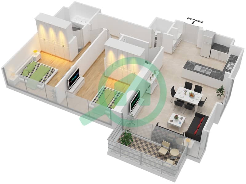 المخططات الطابقية لتصميم النموذج / الوحدة 2 UNIT 02/FLOOR2-16,18-33 شقة 2 غرفة نوم - A كريك سايد 18 Floor 2-16,18-33 interactive3D