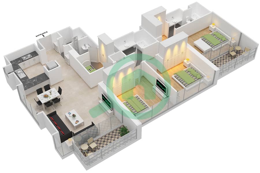المخططات الطابقية لتصميم النموذج / الوحدة 3 UNIT 03/FLOOR2-16,18-33 شقة 3 غرف نوم - A كريك سايد 18 Floor 2-16,18-33 interactive3D