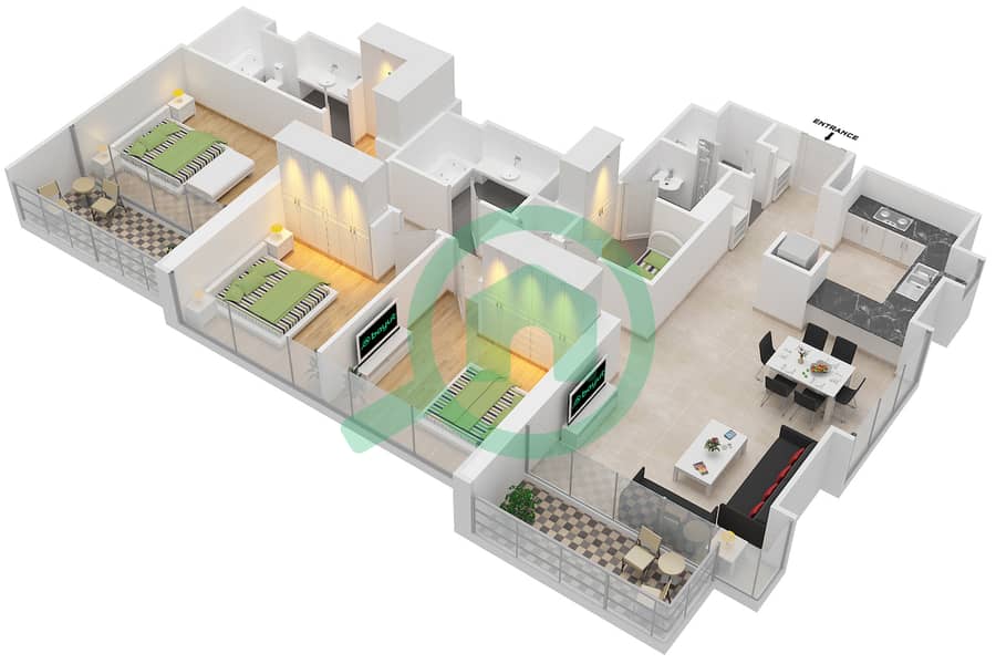 溪畔18号A座 - 3 卧室公寓类型／单位5 UNIT 05/FLOOR2-16,18-33戶型图 Floor 2-16,18-33 interactive3D