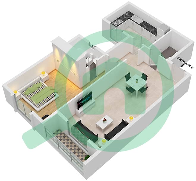 JR 2 号楼 - 1 卧室公寓单位10戶型图 interactive3D