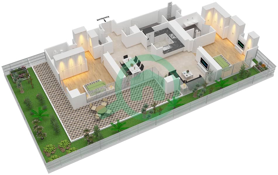 المخططات الطابقية لتصميم الوحدة 1 شقة 2 غرفة نوم - مساكن خور دبي 2 جنوب Floor 3 interactive3D