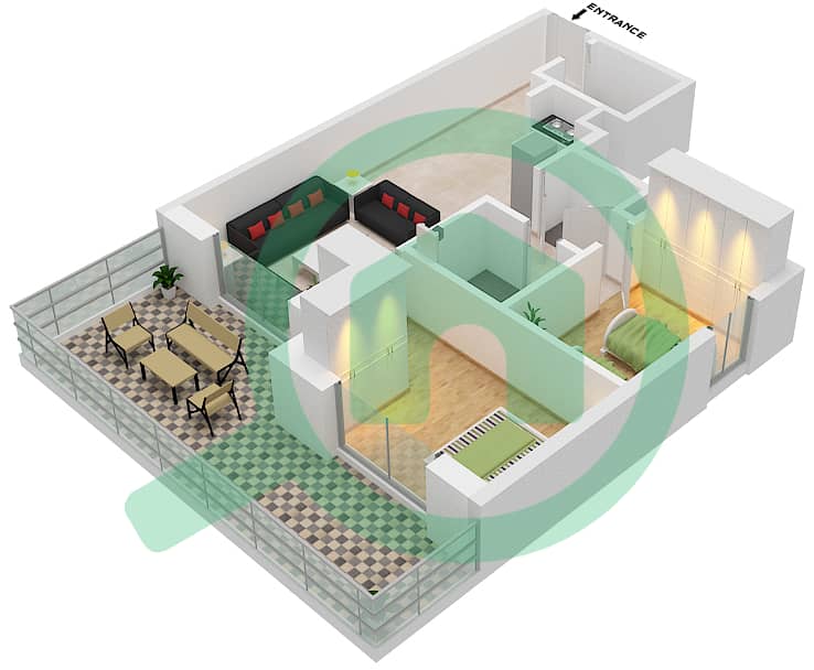 Аль Раха Лофтс - Апартамент 2 Cпальни планировка Тип 1B-18 interactive3D