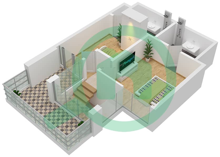 Al Raha Lofts - 2 Bedroom Apartment Type 1DB-1 Floor plan Upper Floor interactive3D
