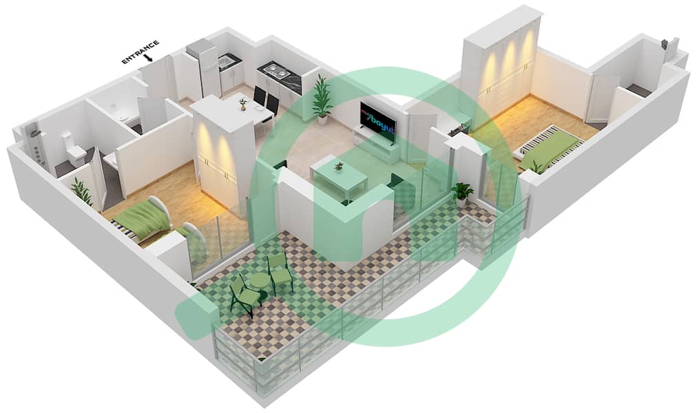 المخططات الطابقية لتصميم النموذج 1B-10 شقة 2 غرفة نوم - الراحة لوفتس interactive3D