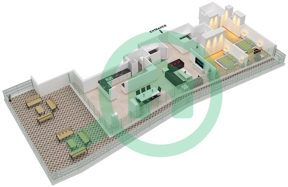 المخططات الطابقية لتصميم النموذج 2T شقة 2 غرفة نوم - مساكن النسيم B interactive3D