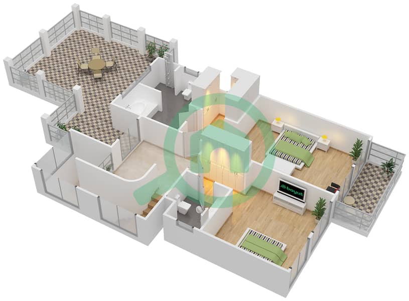 المخططات الطابقية لتصميم النموذج A فیلا 2 غرفة نوم - مثلث قرية جميرا حي رقم 8 First Floor interactive3D