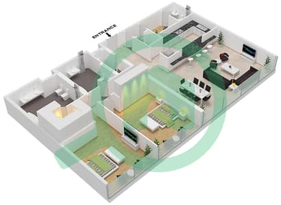 المخططات الطابقية لتصميم النموذج A شقة 2 غرفة نوم - برج النخلة