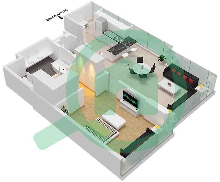 المخططات الطابقية لتصميم النموذج B شقة 1 غرفة نوم - برج النخلة interactive3D