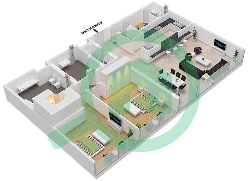 المخططات الطابقية لتصميم النموذج A شقة 2 غرفة نوم - برج النخلة interactive3D