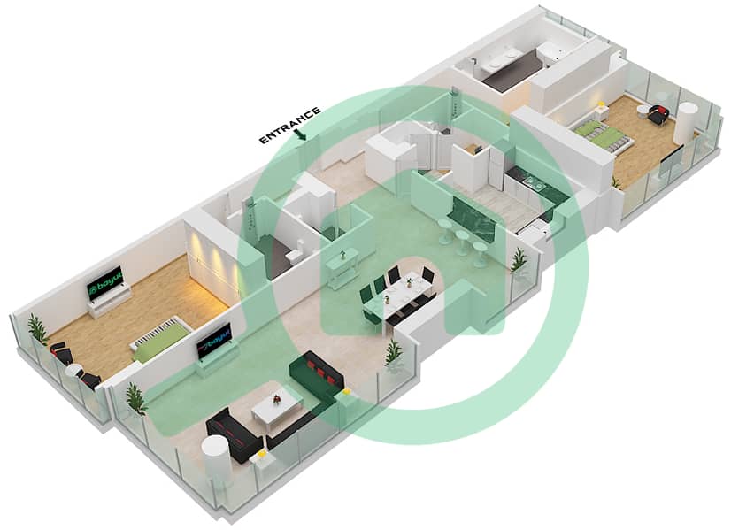 棕榈大厦 - 2 卧室公寓类型B戶型图 interactive3D