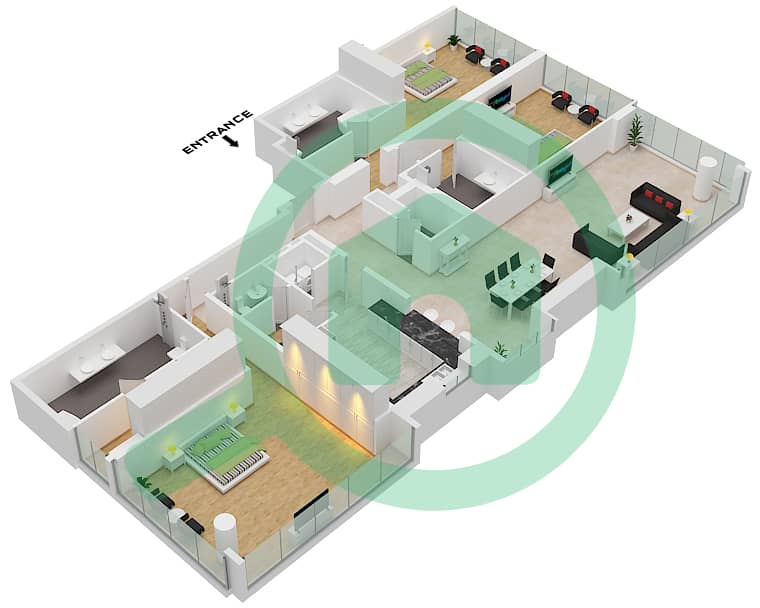 棕榈大厦 - 3 卧室公寓类型A戶型图 interactive3D