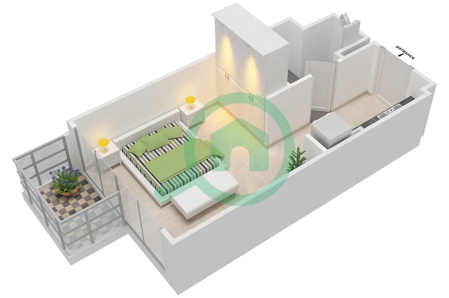 Азизи Ривьера 4 - Апартамент Студия планировка Тип 1B Floor 2-9 interactive3D
