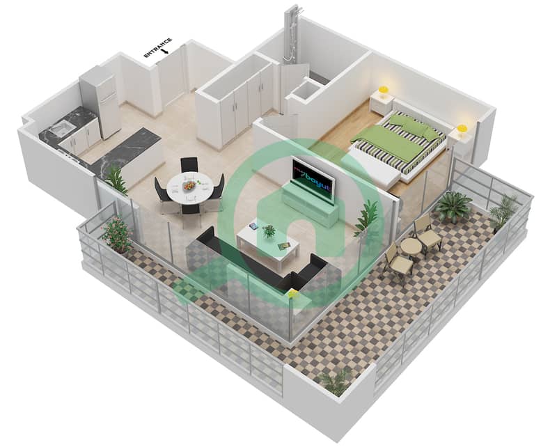 Азизи Ривьера 5 - Апартамент 1 Спальня планировка Тип 3 FLOOR 2-9 Floor 2-9 interactive3D