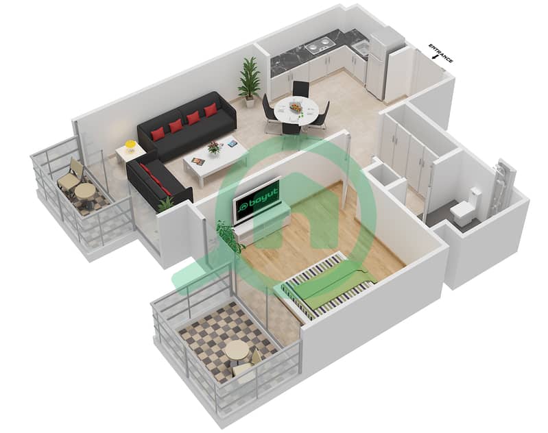 Азизи Ривьера 5 - Апартамент 1 Спальня планировка Тип 4 FLOOR 2-9 Floor 2-9 interactive3D