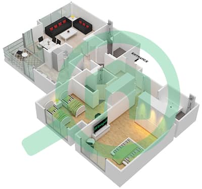 المخططات الطابقية لتصميم النموذج / الوحدة 4/4 شقة 2 غرفة نوم - برج بلفيو 2