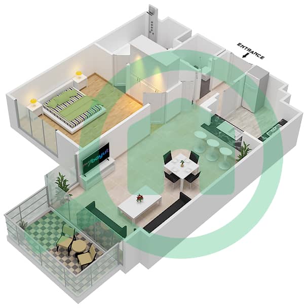 贝尔维尤2号大厦 - 1 卧室公寓类型／单位4/4戶型图 Floor 2-20 interactive3D