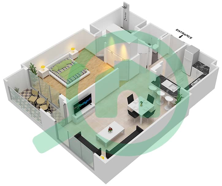 贝尔维尤2号大厦 - 1 卧室公寓类型／单位3/3戶型图 Floor 2-20 interactive3D