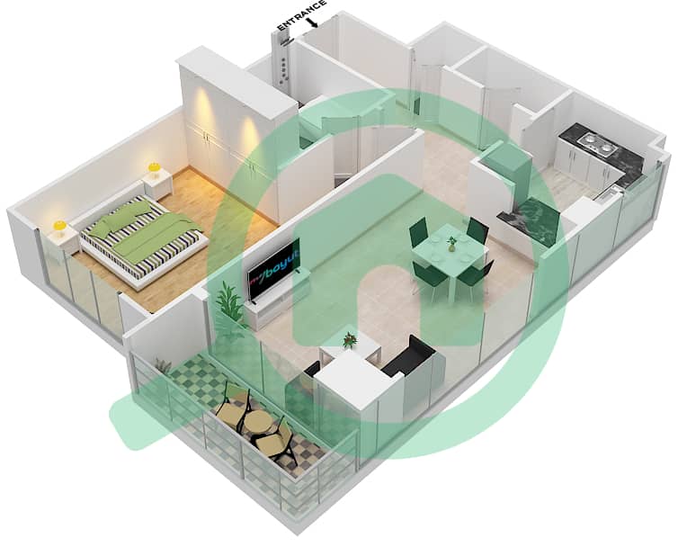 贝尔维尤2号大厦 - 1 卧室公寓类型／单位2/01戶型图 Floor 2-20 interactive3D