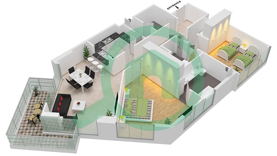 贝尔维尤2号大厦 - 2 卧室公寓类型／单位2/2戶型图 Floor 2-20 interactive3D