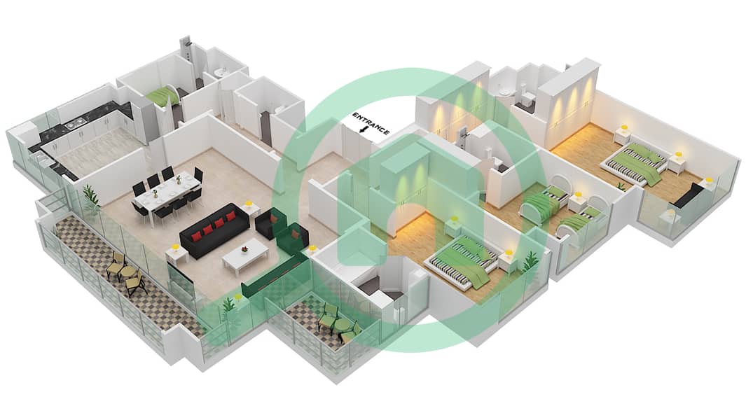 المخططات الطابقية لتصميم النموذج / الوحدة 7/2 شقة 3 غرف نوم - برج بلفيو 2 Floor 22 interactive3D