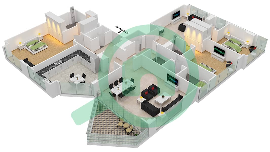 المخططات الطابقية لتصميم النموذج / الوحدة 6/1 شقة 3 غرف نوم - برج بلفيو 2 Floor 22 interactive3D