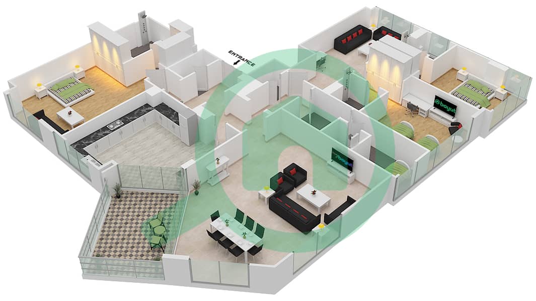 المخططات الطابقية لتصميم النموذج / الوحدة 4/1 شقة 3 غرف نوم - برج بلفيو 2 Floor 21 interactive3D
