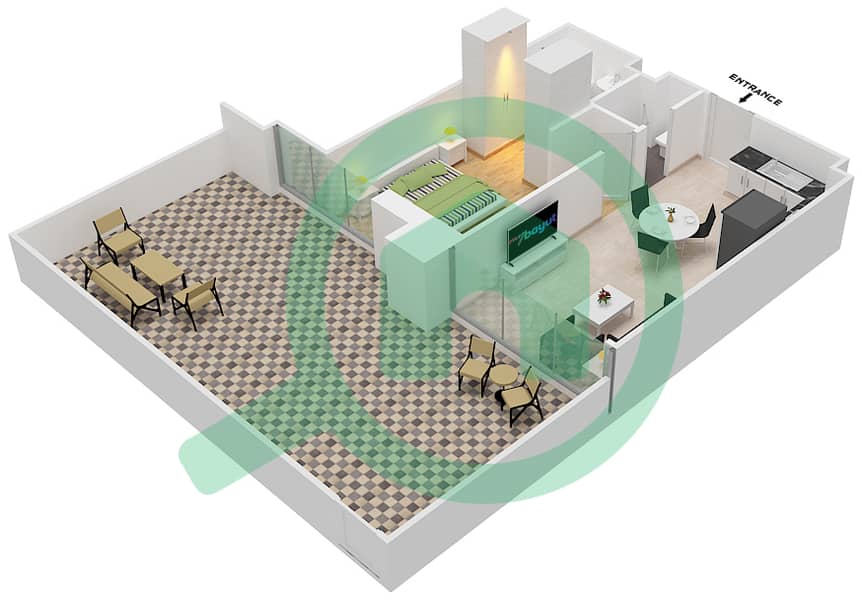 贝尔维尤2号大厦 - 1 卧室公寓类型／单位7/2A戶型图 Floor 1 interactive3D