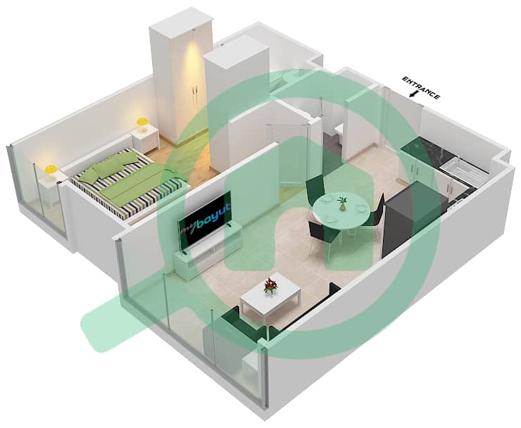 贝尔维尤2号大厦 - 1 卧室公寓类型／单位07/2A戶型图 Floor 2-20 interactive3D