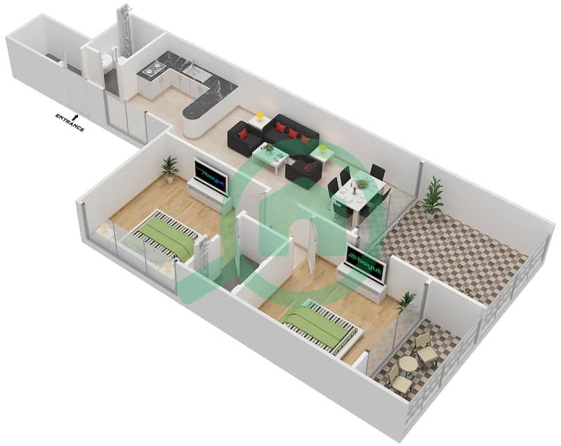 المخططات الطابقية لتصميم النموذج B شقة 2 غرفة نوم - شقق بن غاطي interactive3D