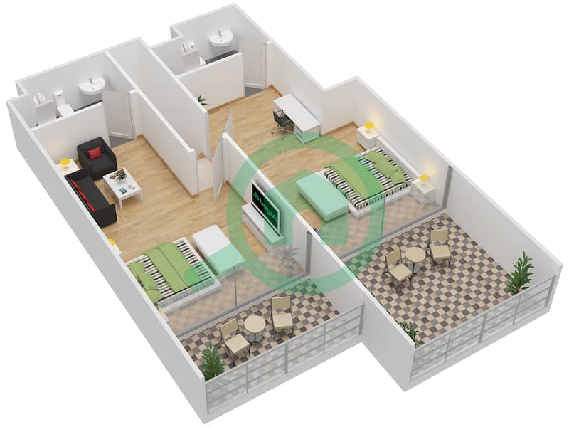 Бингатти Апартментс - Апартамент 2 Cпальни планировка Тип A First Floor interactive3D
