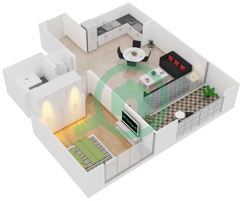 المخططات الطابقية لتصميم الوحدة 8 FLOOR 2-15,16-22 شقة 1 غرفة نوم - 17 أيكون باي Floor 2-15,16-22 interactive3D