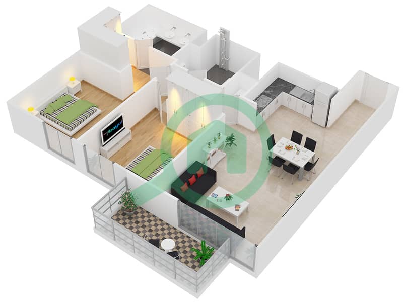 المخططات الطابقية لتصميم الوحدة 6 FLOOR 16-22 شقة 2 غرفة نوم - 17 أيكون باي Floor 16-22 interactive3D
