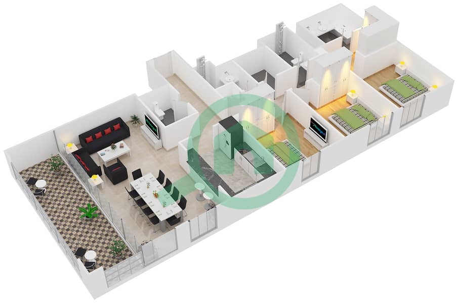 المخططات الطابقية لتصميم الوحدة 1 FLOOR 24-41 شقة 3 غرف نوم - 17 أيكون باي Floor 24-41 interactive3D