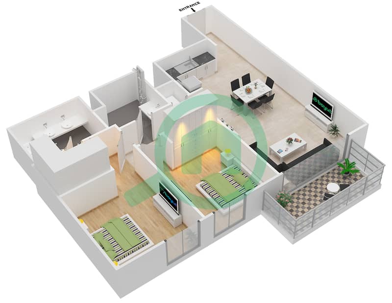 المخططات الطابقية لتصميم الوحدة 4 FLOOR 24-41 شقة 2 غرفة نوم - 17 أيكون باي Floor 24-41 interactive3D