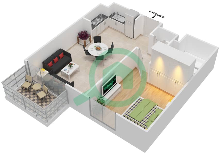 المخططات الطابقية لتصميم الوحدة 3-6 شقة 1 غرفة نوم - ايلاند بارك 1 interactive3D