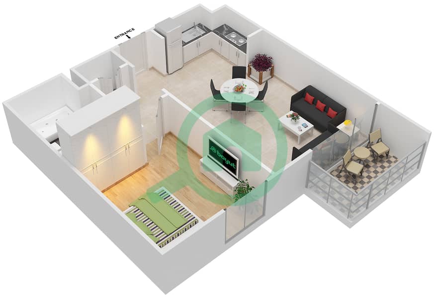 المخططات الطابقية لتصميم الوحدة 1 شقة 1 غرفة نوم - ايلاند بارك 1 Floor 2-6,7,8 interactive3D
