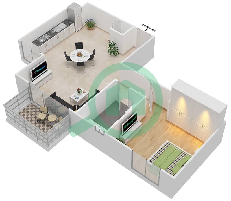 المخططات الطابقية لتصميم الوحدة 3 شقة 1 غرفة نوم - ايلاند بارك 1 Floor 2-6 interactive3D