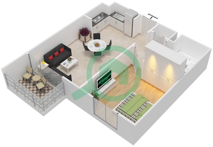 المخططات الطابقية لتصميم الوحدة 14,15,17 شقة 1 غرفة نوم - ايلاند بارك 1 Floor 1-6,7-9 interactive3D